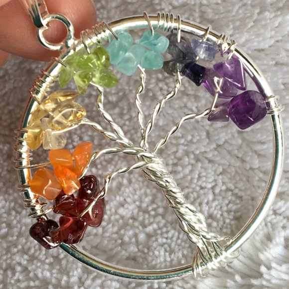 Natural Stones Chakra Tree of Life - circle pendant on black cord - Picture 5 of 8